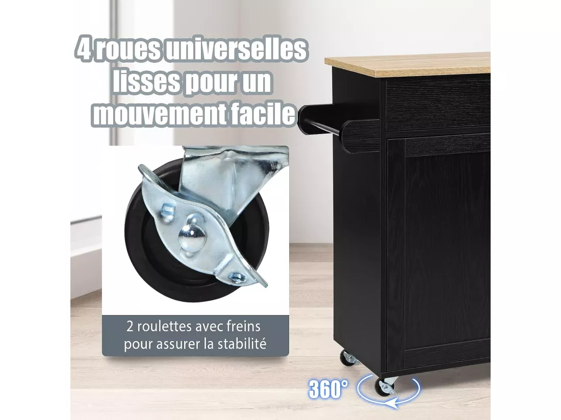 Dessert de Cuisine à roulettes Verrouillables, Ilot Central Cuisine Étagère Réglable sur 3 Niveaux, Grand Placard, Tiroir, Porte-épices et Porte-Serviettes, 40 x 116 x 85 cm (Noir)