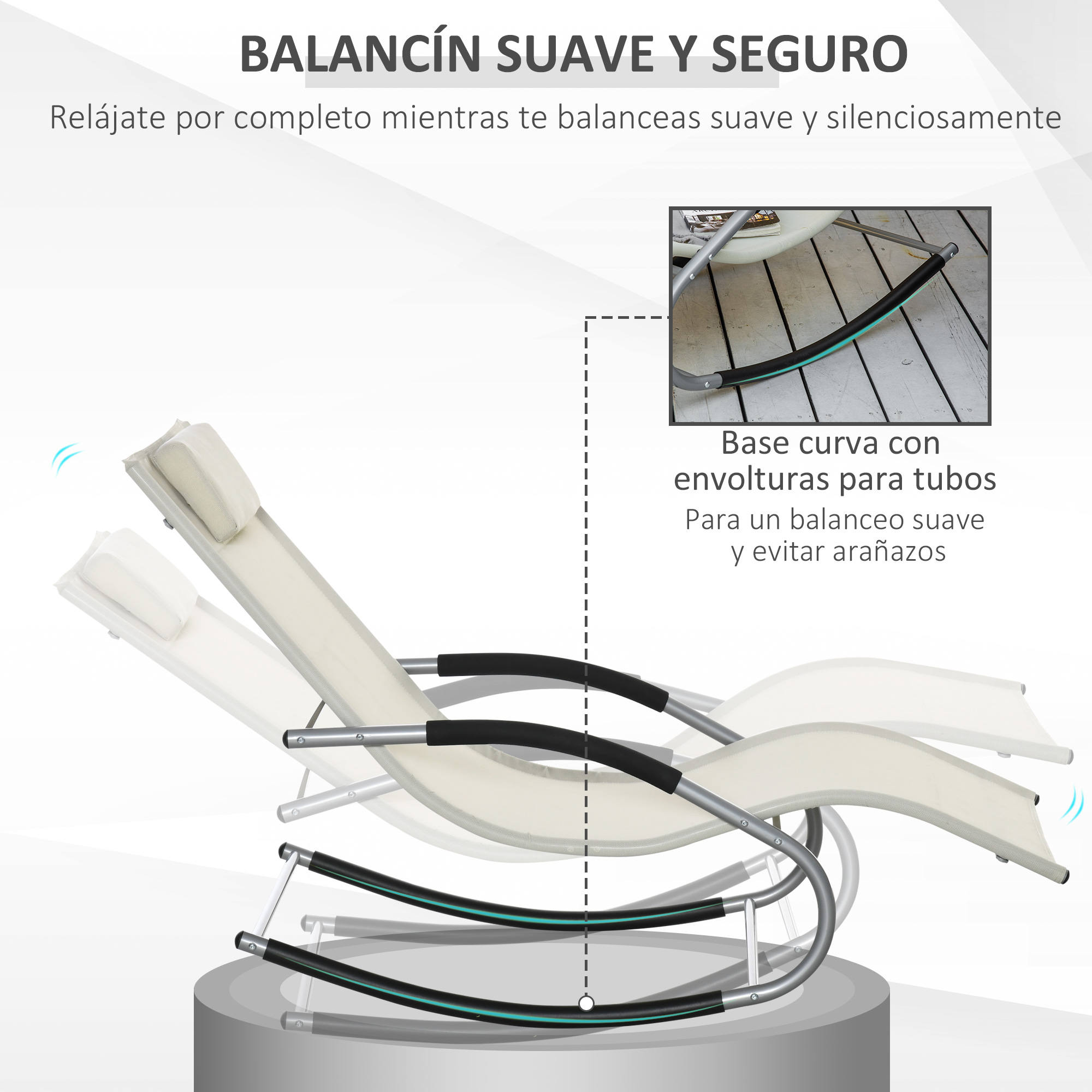 Conjunto de 2 cadeiras de balanço Outsunny para jardim, com encosto de cabeça e braços, capacidade de carga de 120 kg, ideais para praia, pátio e terraço, 63x144x84 cm, bege.
