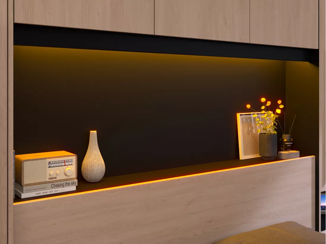 Lit pont 160 x 200 cm avec rangements - Avec LEDs - Coloris : Naturel et noir - VELONA