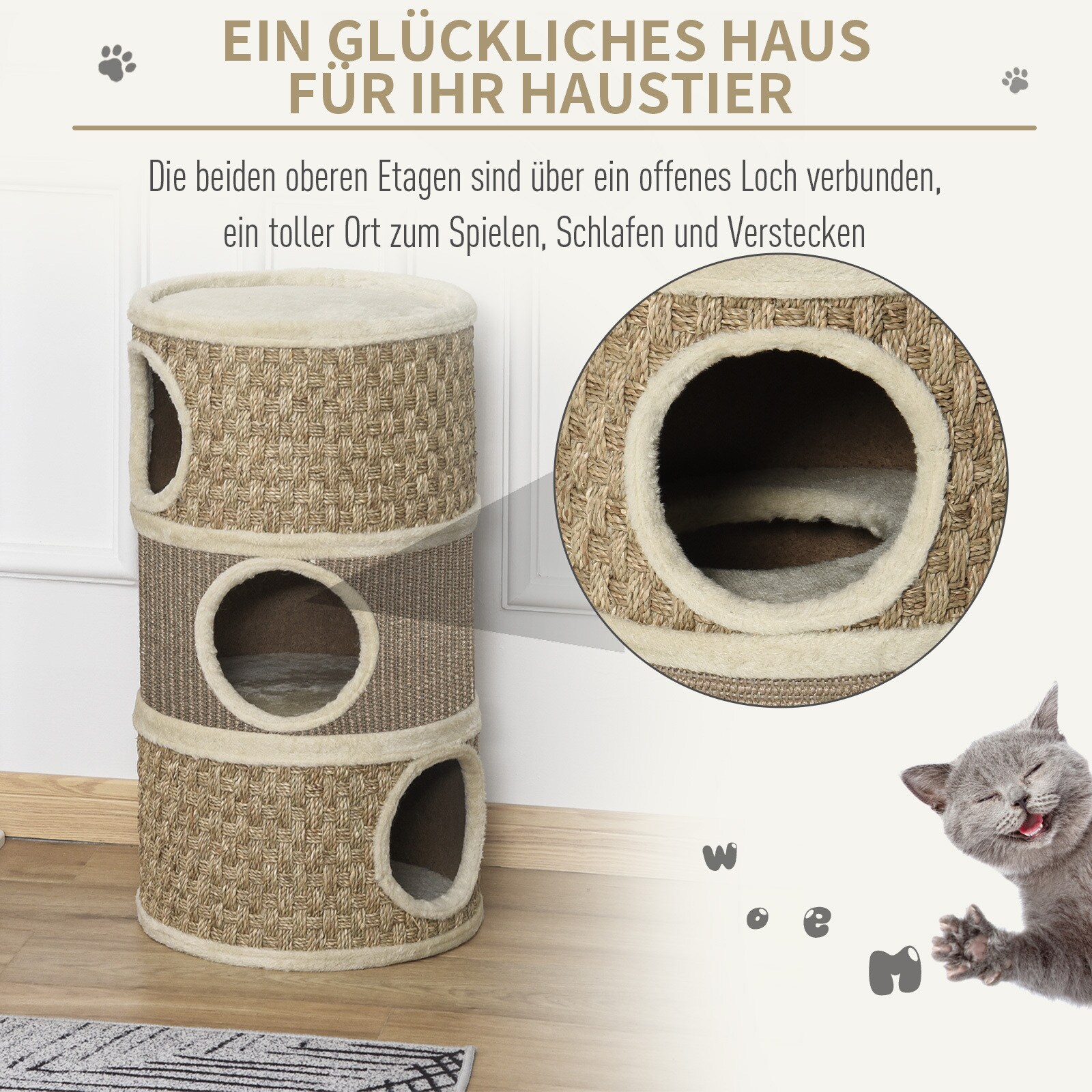 PawHut Katzenkratzturm 3 Stockwerke, Kratzbaum Khaki, Braun 37,5 x 37,5 x 70 cm (LxBxH)