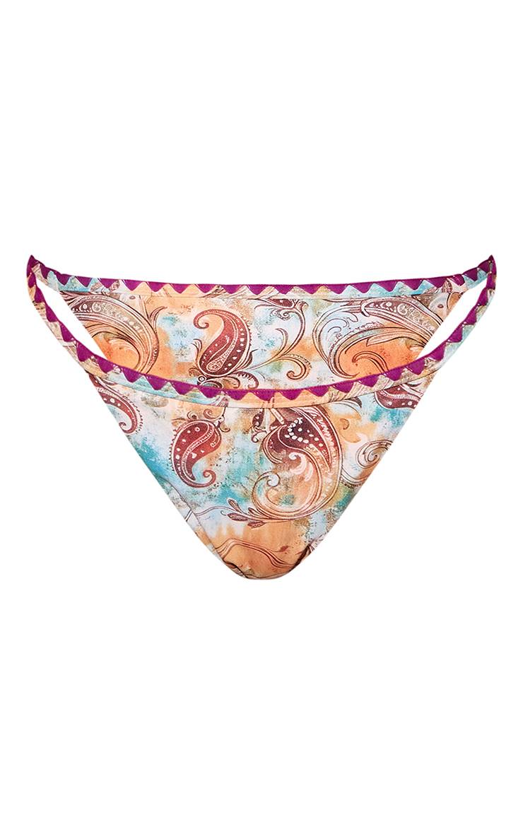 Bleu Bas De Bikini Tanga À Imprimé Cachemire Avec Surpiqûre Décorative