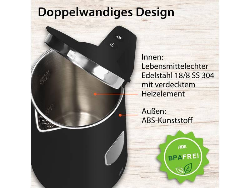 ADE Wasserkocher KG2100-2 1.5 l, Schwarz Wasserkocher mit Temperatureinstellung