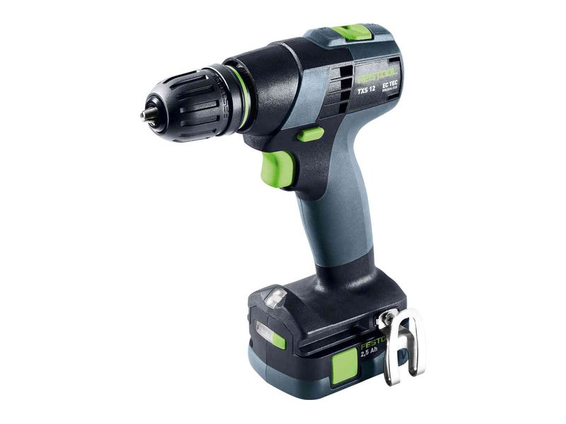 FESTOOL Akku-Bohrschrauber TXS 12 2.5 - Plus, Kit Akkubohrschrauber mit robustem, beidseitig montierbarem Gürtelclip