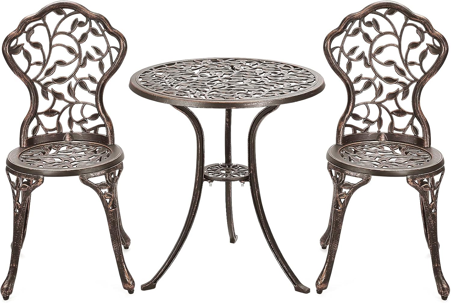 GIANTEX 3 TLG. Bistro Set, Bistrotisch mit 2 Stühlen, Gartenmöbel Set Alu, Gartenset Balkonset antik, runder Gartentisch, Balkonmöbel Set Garten Sitzgruppe 2 Sitzhocker Outdoor Bronze