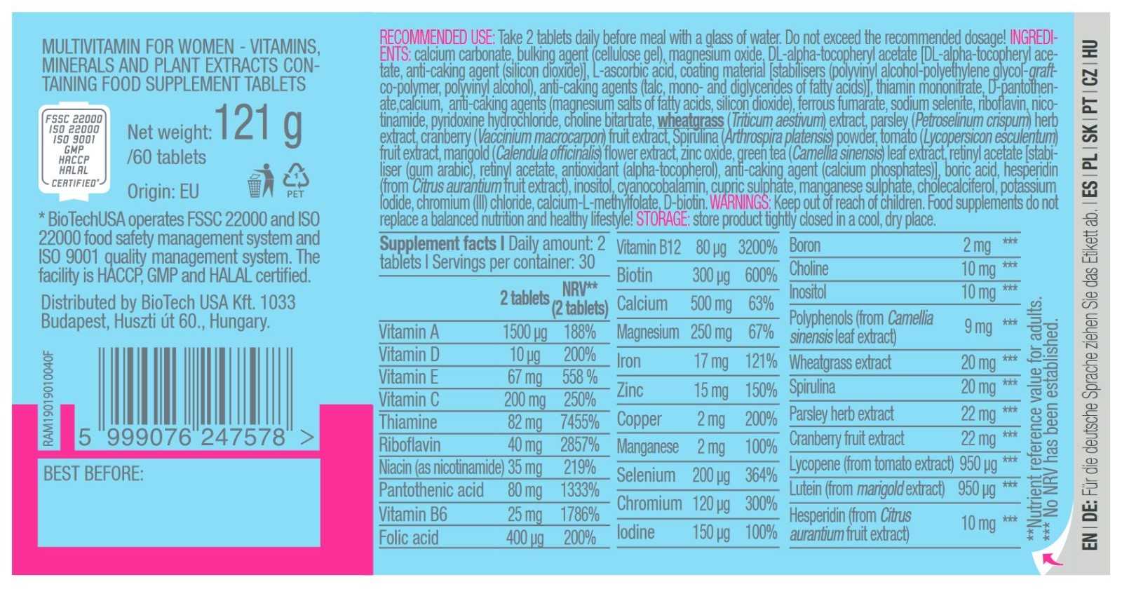 Multivitamínico Biotech USA para Mulheres, 60 Comprimidos