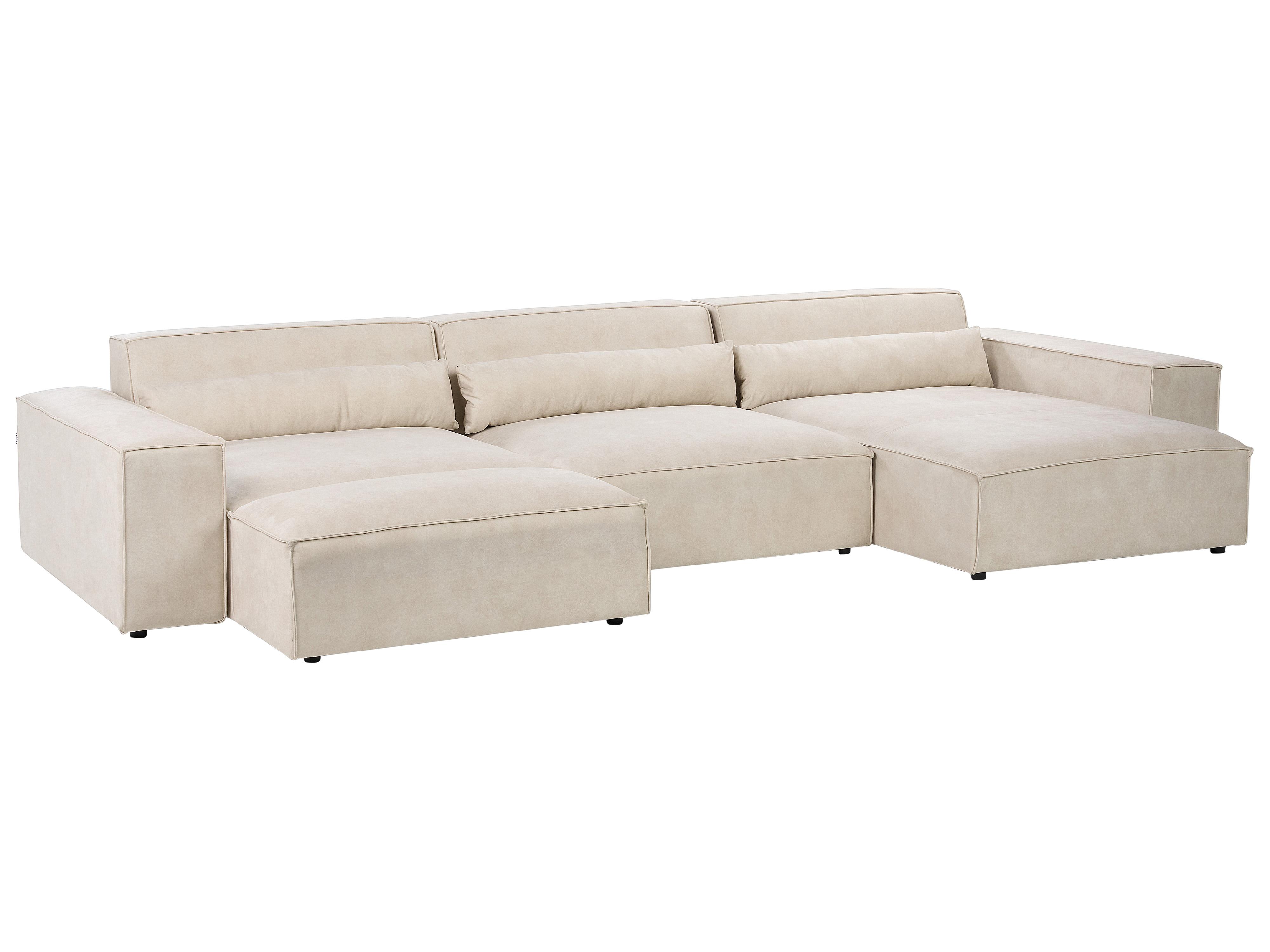 Modulaire hoekbank 3-zits HELLNAR Fluweel Lichtbeige met ottomaan linkszijdig