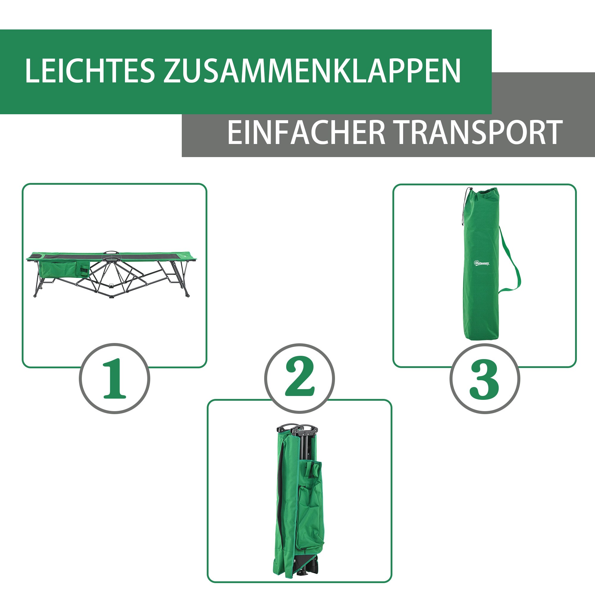 Outsunny Campingbett mit seitlicher Tasche grün, schwarz 200 x 73 x49 cm (LxBxH)