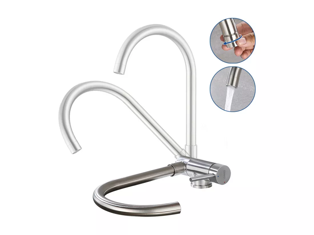 Robinet Cuisine Rabattable Mitigeur d'évier Pivotant 360°Robinetterie Inoxydable Brossé avec barboteur démotable,pour Évier contre fenêtre,EU Modèle