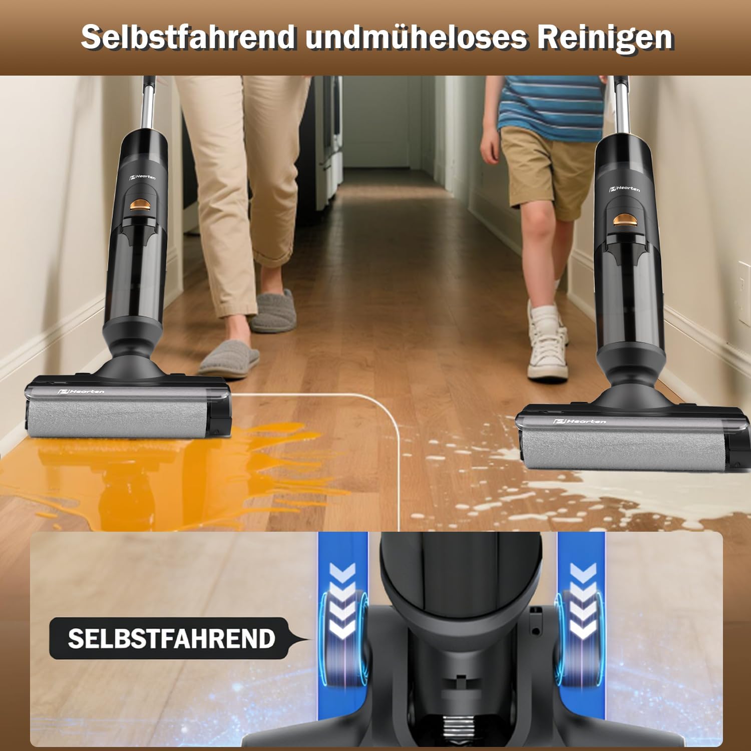 Hearten Nass Trockensauger, Selbstreinigung, Staubsauger mit Wischfunktion, Kantenreinigungsbürste, Für Hartböden, Tierhaare, Intelligente Schmutzerkennung, Sprachansagen.