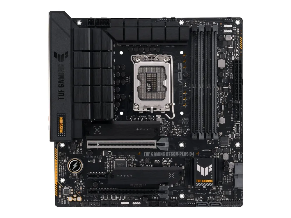 ASUS TUF GAMING B760M-PLUS D4 - Bundkort - micro ATX - LGA1700 sokkel - B760 Chipset - USB-C 3.2 Gen 2x2, USB 3.2 Gen 2, USB 3.2 Gen 1 - 2.5 Gigabit LAN - onboard grafik (CPU påkrævet) - HD Audio (8-kanaler)
