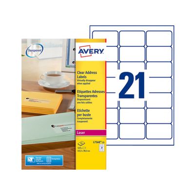 Avery - 525 Étiquettes adresse transparentes - 63,5 x 38,1 mm - Impression laser - réf L7560-25