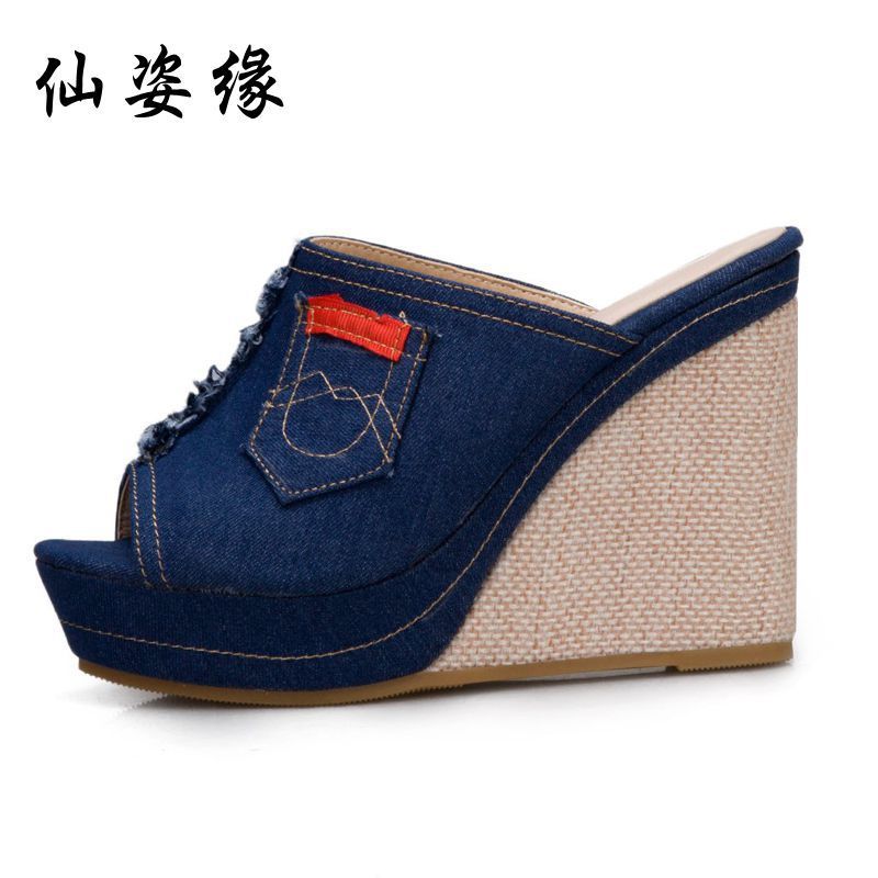 Cinnabelle - Peep-Toe Wedge-Heel Denim Slide Sandalen