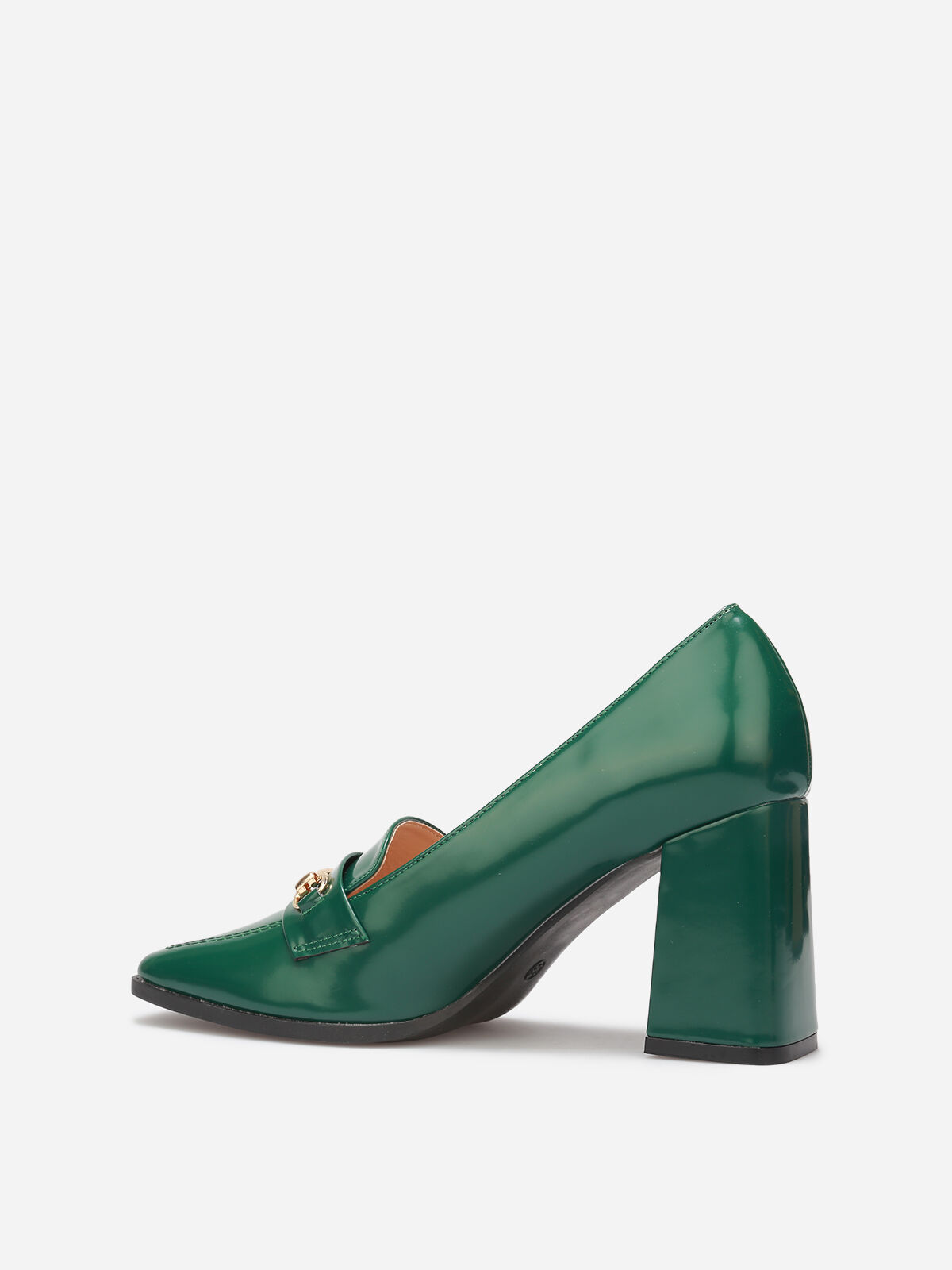 Mocassins vernis à talon et bride doré- Vert foncé
