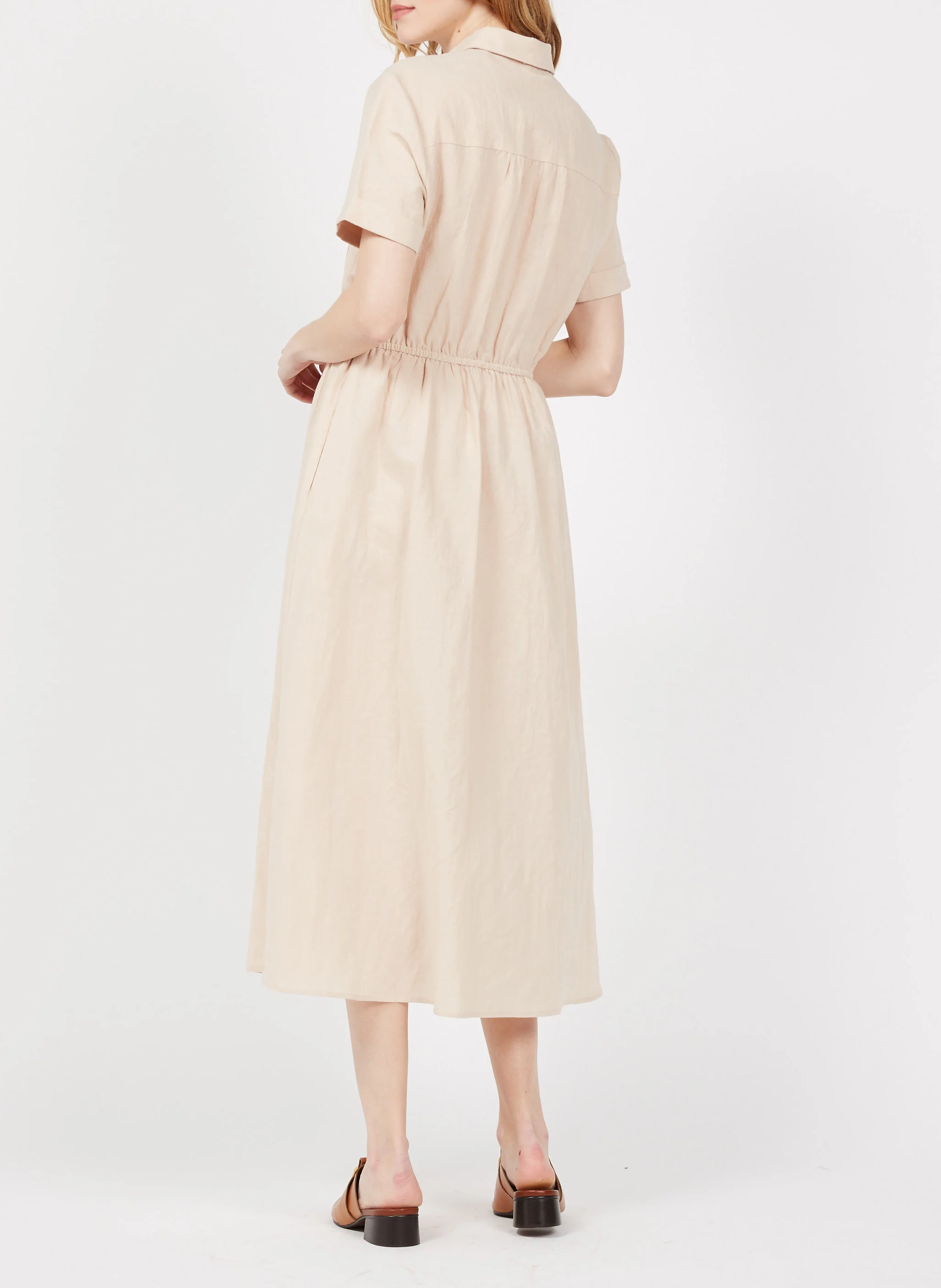 GAETANNE - Robe longue col classique en lin et coton| Beige