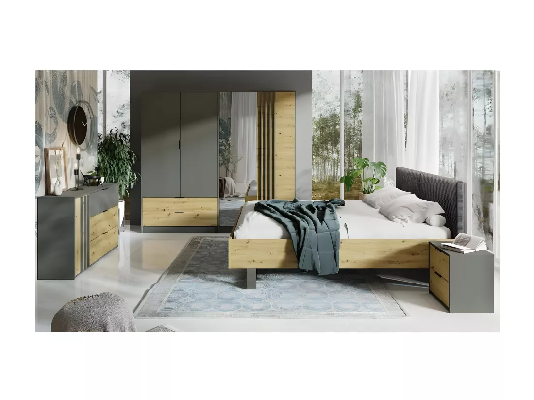 Armoire 220cm avec 4 portes et 2 tiroirs coloris gris graphite et chêne. Collection IZO