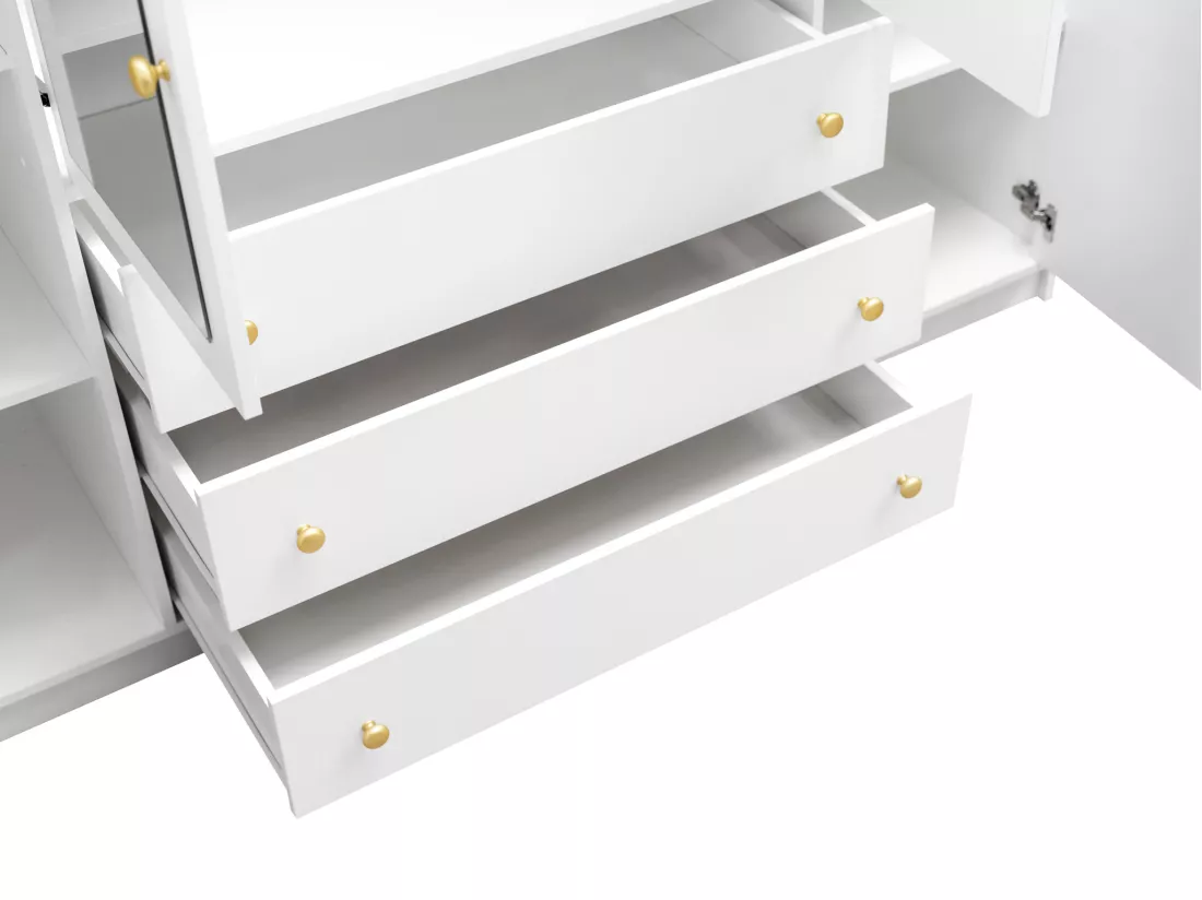 Armoire d'angle 6 portes et 3 tiroirs - Avec miroirs - L311 cm - Blanc + Réhausses - LIZANDRO