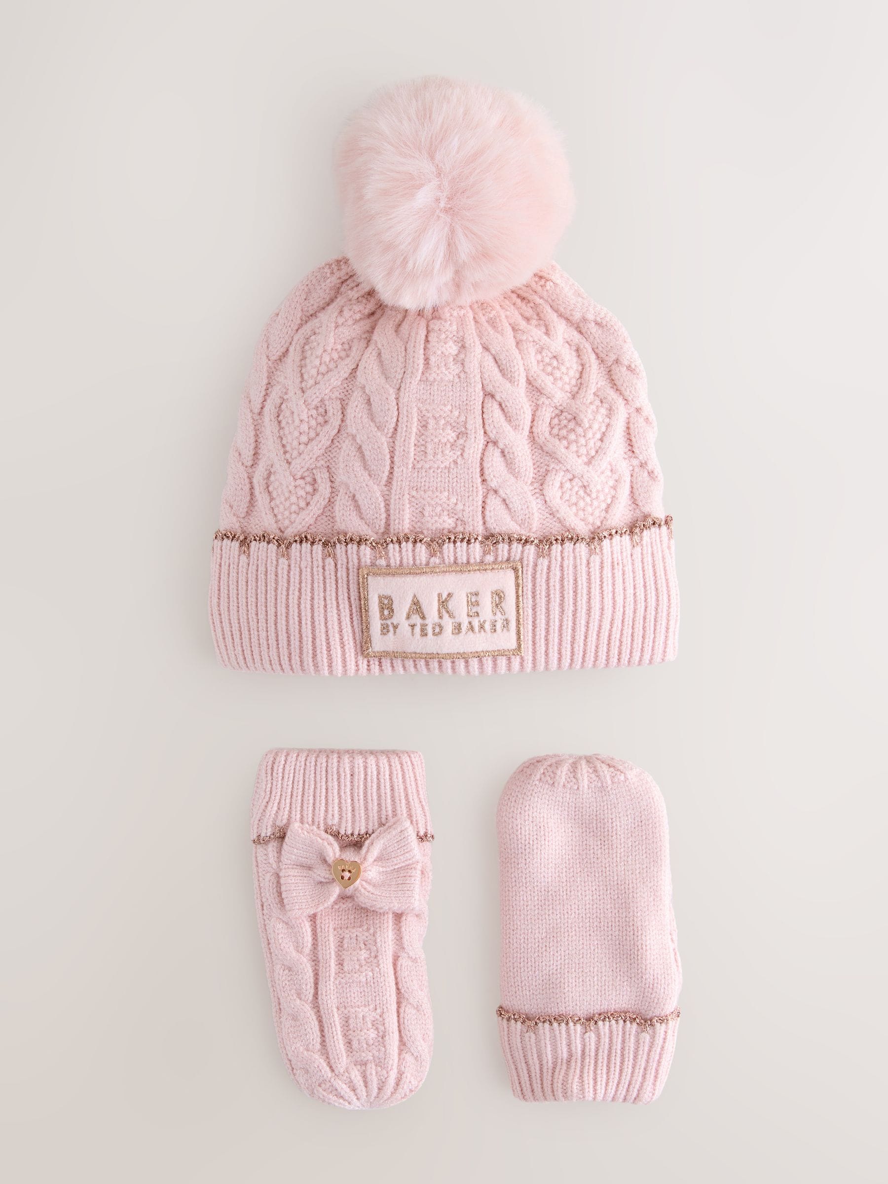 Baker by Ted Baker - Meisjes roze kabelgebreide muts en wanten set