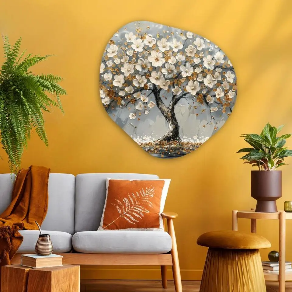 MuchoWow Wand decoratie 90x90cm Boom Goud Bloemen Abstract