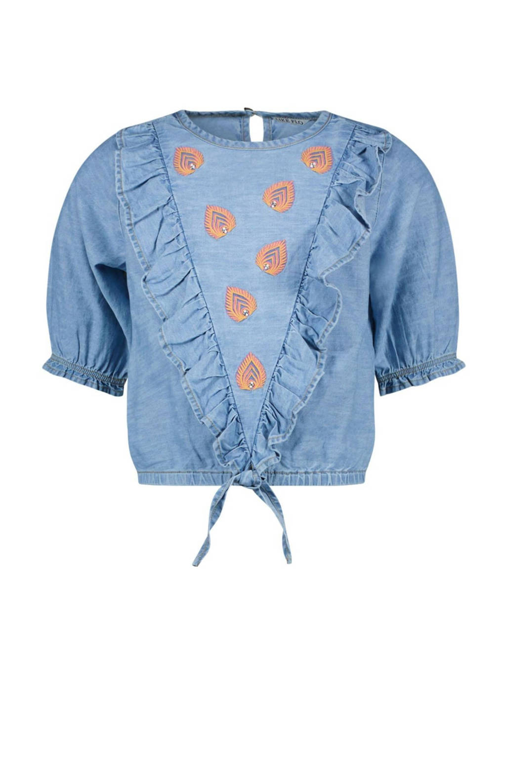 Like Flo top met printopdruk en borduursels lichtblauw