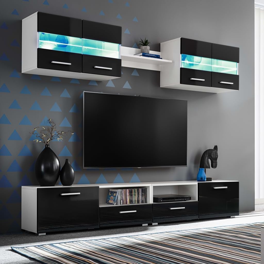 Hommdiy TV-Schrank,5-TLG.TV-Wohnwand-Set mit LED-Leuchten,Hochglanz-Wohnwand TV/Medien-Weiß/Schwarz (Schwarz)