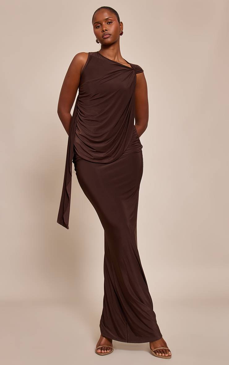 Chocolat Haut Drapé Asymétrique Une Épaule En Tissu Slinky
