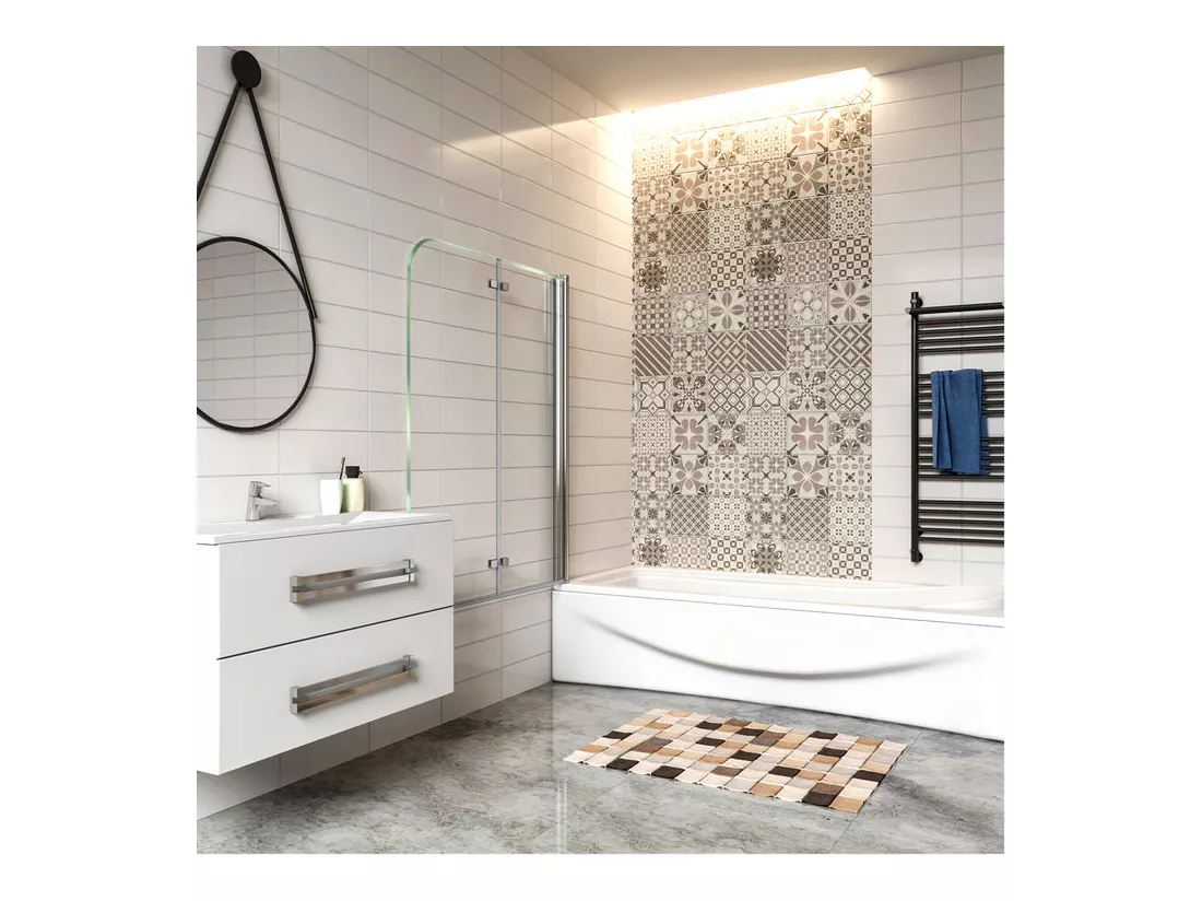 Pare-baignoire 100x140cm pivotant et pliant, paroi de baignoire, écran de douche à 2 volets en verre trempé transparent