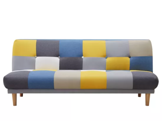 Canapé 3 places convertible clic-clac en tissu MARDAG - Patchwork gris, bleu, jaune