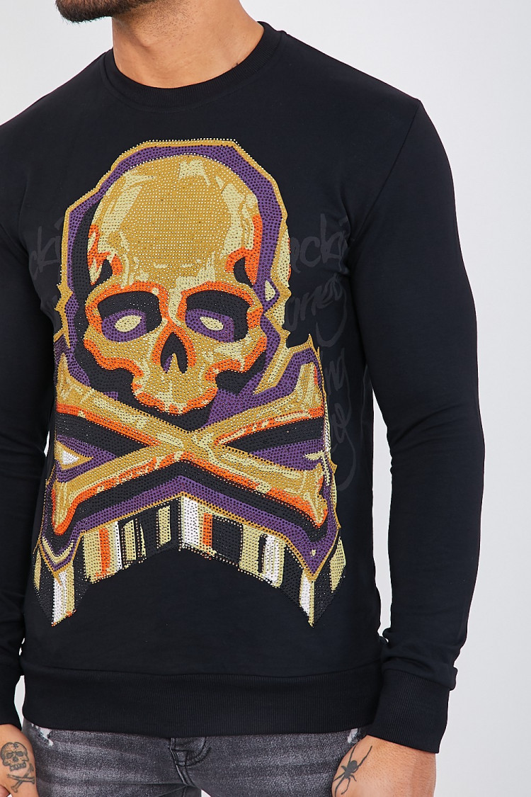 Sweat noir à tête de mort en strass jaune/orange