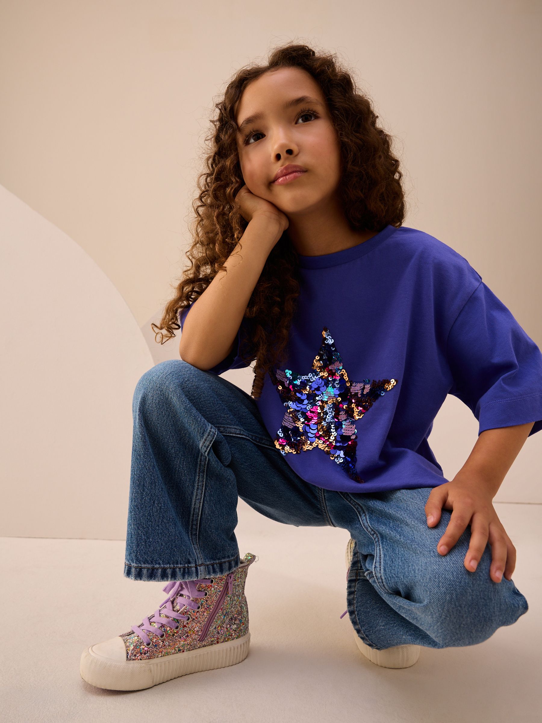 Kobaltblauw - T-shirt met sterren en pailletten (3-16jr)