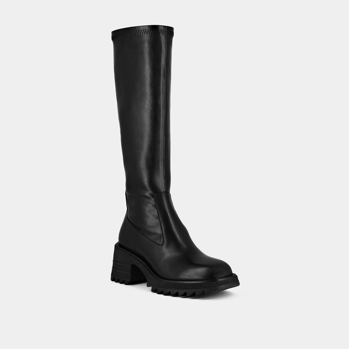Bottes à semelles crantées et bouts carr...  en cuir stretch noir