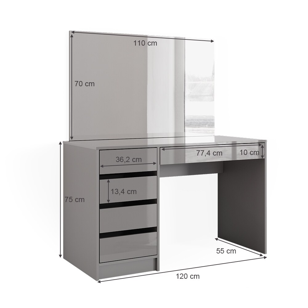 Vicco Schminktisch Frisiertisch Frisierkommode Sherry Grau Schminkspiegel 120x75 cm modern Schlafzimmer Kommode Schublade Ablage Aufbewahrung Kosmetiktisch Make-Up-Tisch Hochglanz