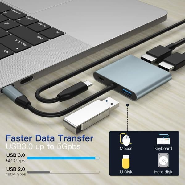 NÖRDIC USB-C til 2xHDMI-adapter 4K30Hz 1xUSB-C 60W PD 1xUSB-A 3.1 5Gbps MST