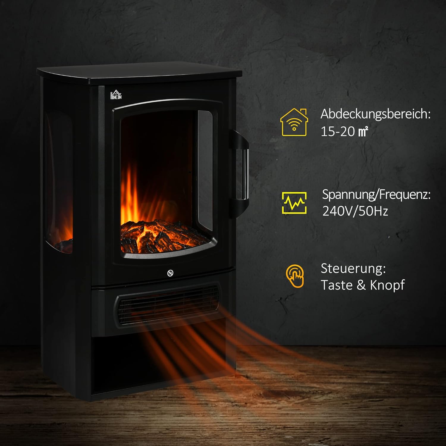 HOMCOM LED Elektrokamin Standkamin Kaminofen mit Flammeneffekt 1000/2000W Innenraumheizung Heizlüfter Panorama-Sichtfenster Elektrischer Kamin mit Heizung 2 Heizstufen Stahl Schwarz 44,5 x 32 x 74 cm