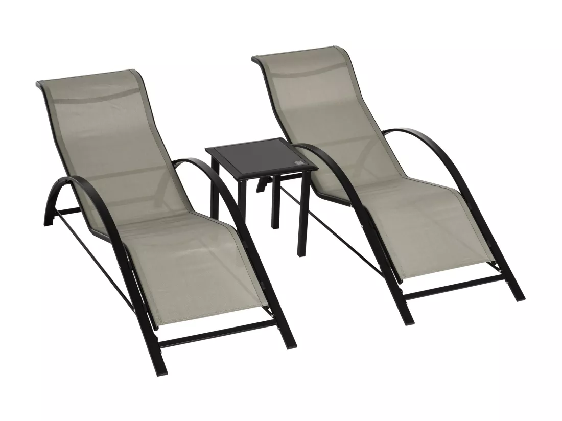 Lot de 2 bains de soleil design contemporain table basse plateau verre trempé métal époxy textilène grège