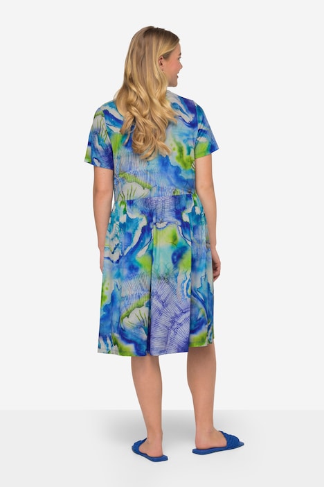 Jerseykleid, Batik-Blüten, V-Ausschnitt, Halbarm