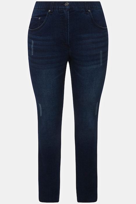 Skinny Jeans, cutted Saum, 5-Pocket, Elastikbund, Zipp-Fly