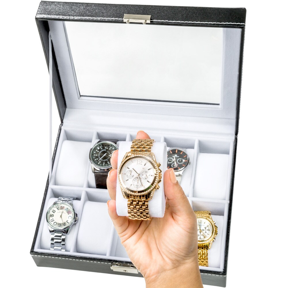 tectake® Uhrenbox, mit 10 Fächern und großem Sichtfenster, herausnehmbare Polsterspangen, 25,5 x 21 x 8 cm