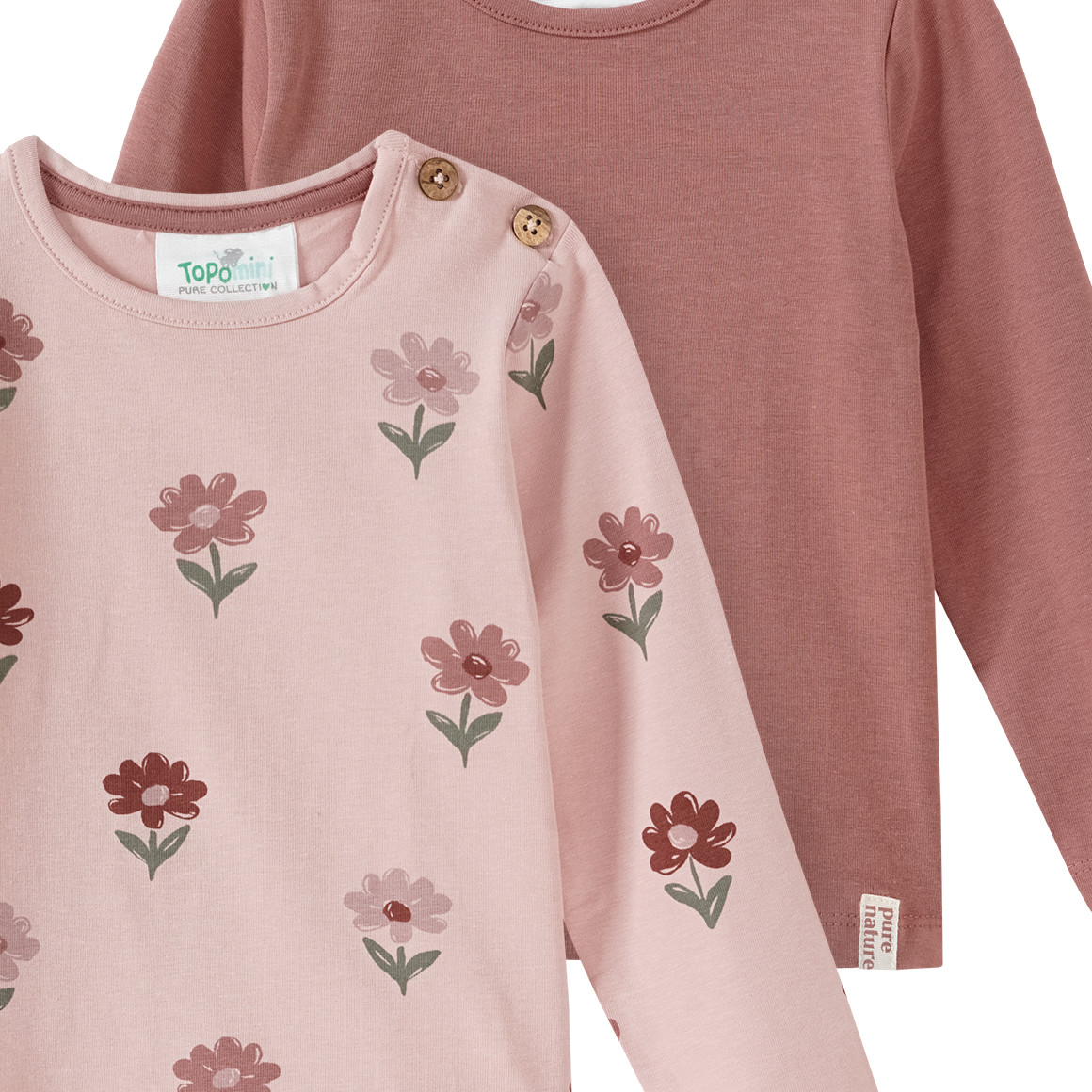 Topomini Pure Collection 2 Baby Langarmshirts mit Blümchen rosa / dunkelrosa