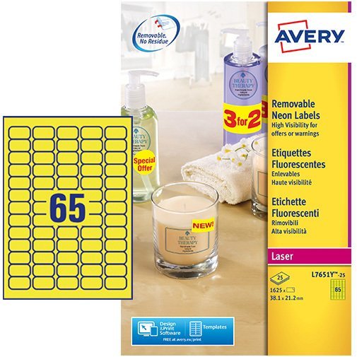 Etiquette avery fluorescente laser jaune 38,1 x 21,2mm     boite de 1625
