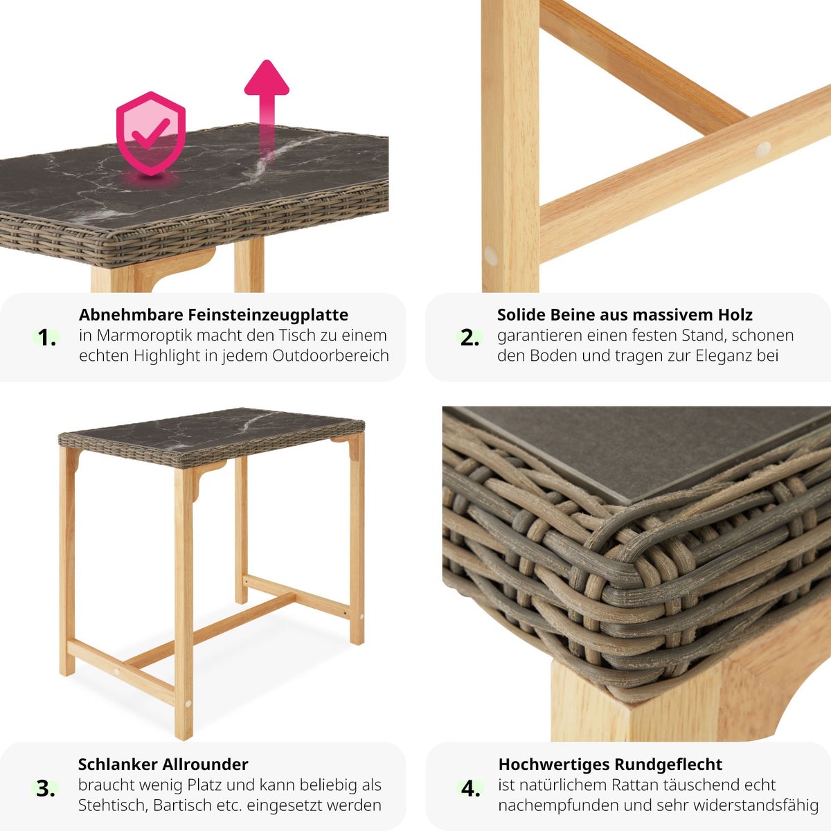 Rotan bartafel tectake Kutina met aluminium en houten frame 96 x 65 x 100 cm