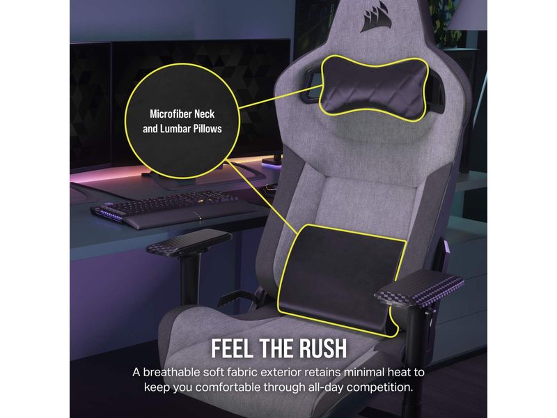 Corsair Gaming-Stuhl T3 Rush (2023) Grau Ergonomischer Racing-Gaming-Stuhl mit einer Belastbarkeit von bis zu 120 kg
