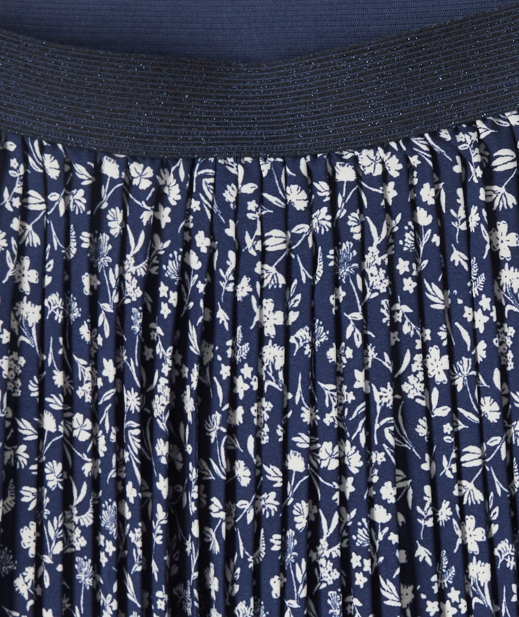 JUPE PLISSÉE MI-LONGUE FILLE EN FIBRES RECYCLÉES MARINE IMPRIMÉ FLEURI