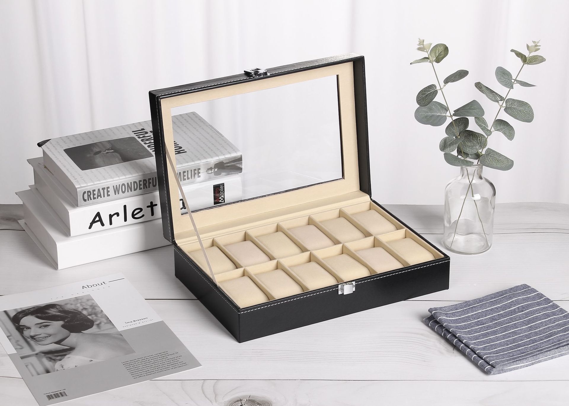 (12 Slots) Uhrenbox Schmuckschatulle Organizer mit Glasdeckel - Schwarz