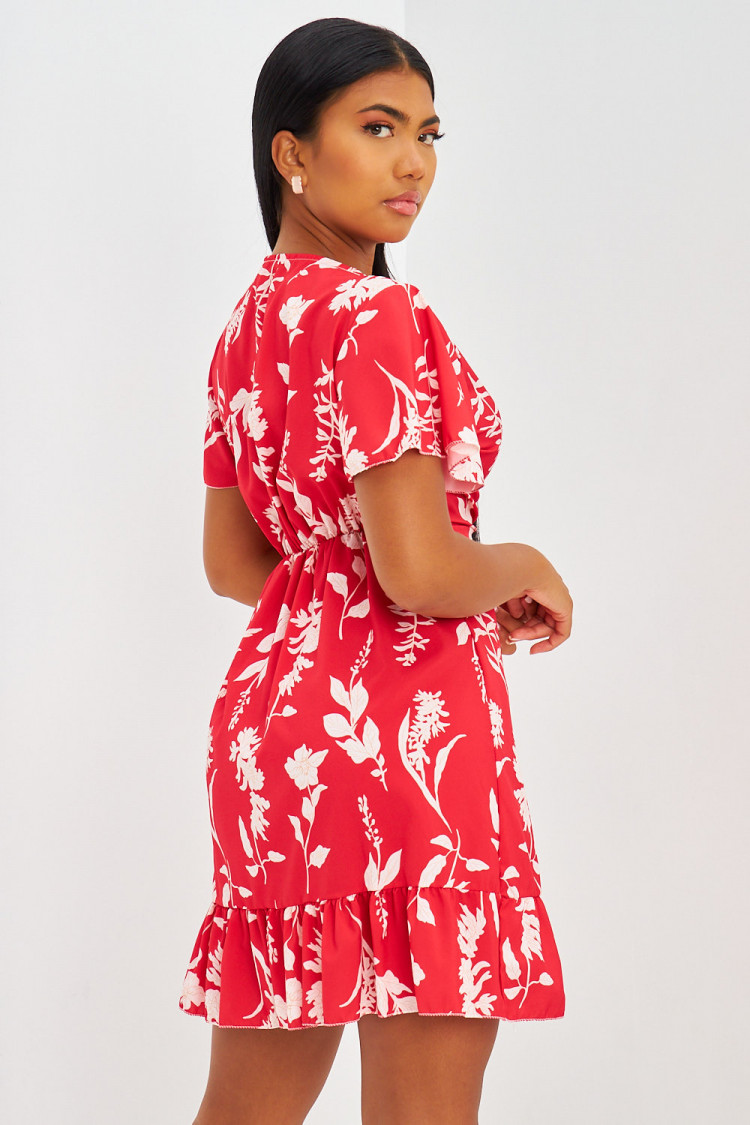 Robe portefeuille à volants fleurie rouge