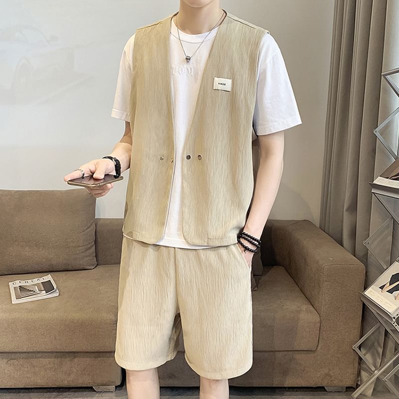 Cowpow - Set: V-hals effen dubbelrijs vest + shorts met trekkoord in de taille