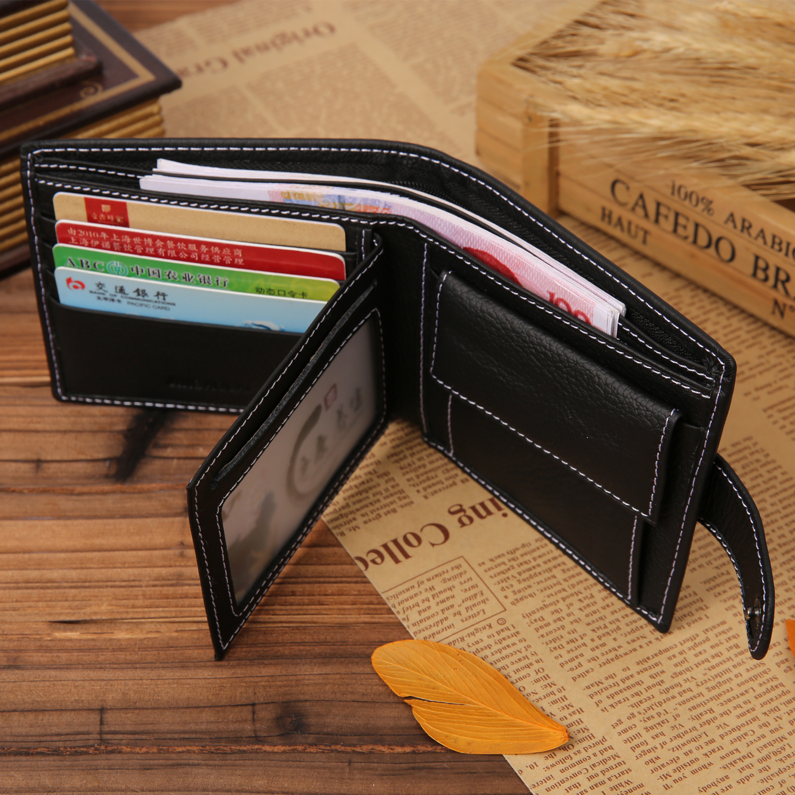 (115x97mm) Echtleder Geldbörse Fashion Portemonnaie mit 11 Fächern - Schwarz