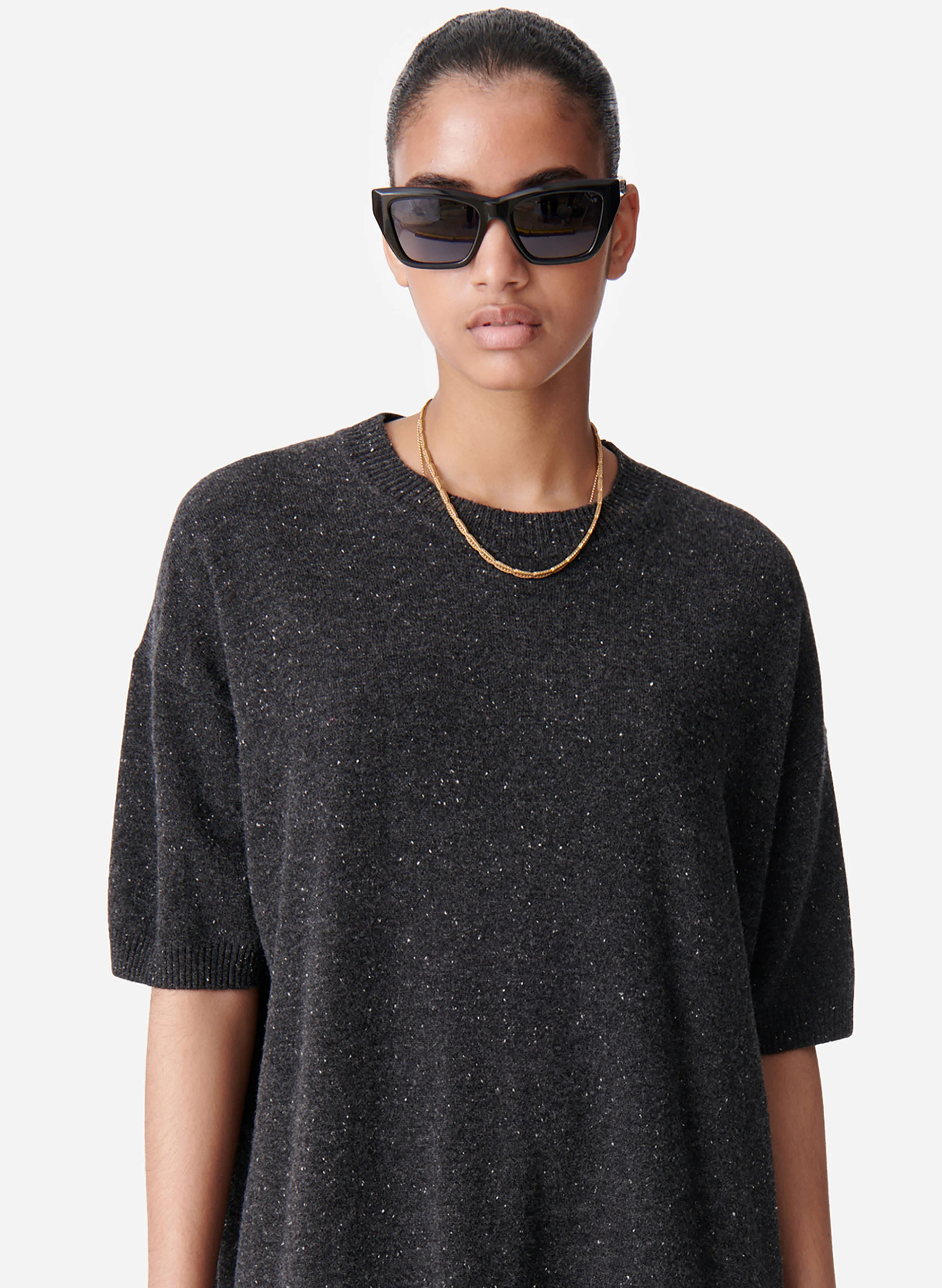 BLEUET - Robe courte col rond en laine mérinos | Noir