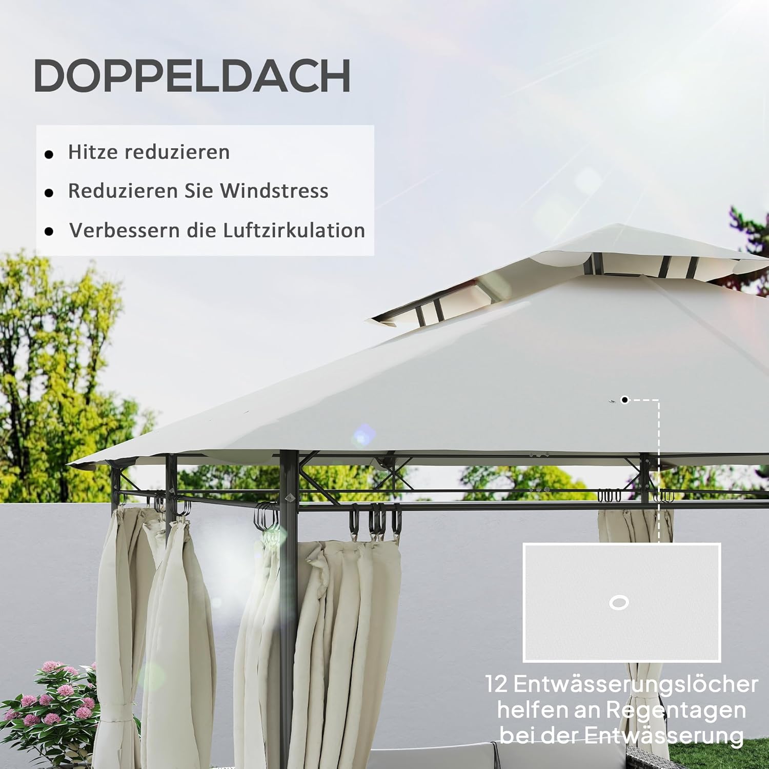 Outsunny Pavillon 4x3 m Stabil Winterfest Gartenpavillon mit Doppeldach 6 Seitenteile Ablauflöcher, Garten Pavillon aus Metall, für Garten, Terrasse, Cremeweiß