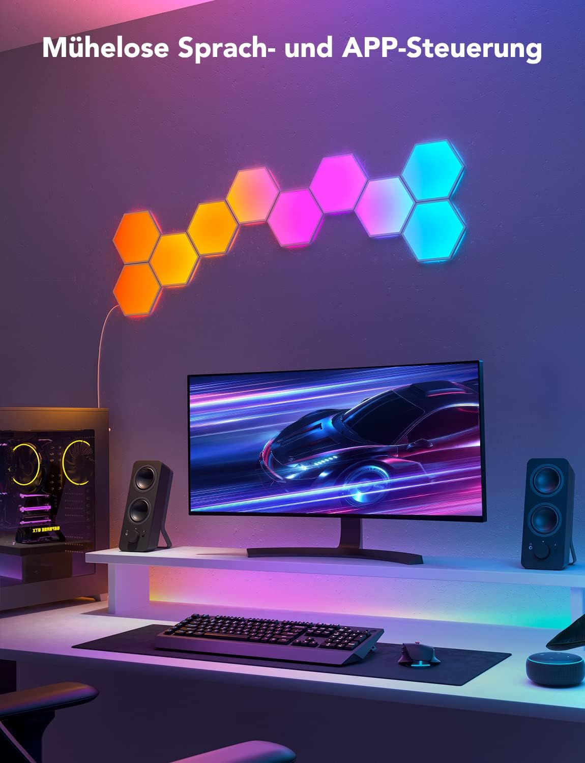 Govee LED Sechseck Hexagon Panel Gaming,10 RGBIC Smart Wandleuchte Funktioniert mit Alexa, Google Assistant, Kreative Dekorative Wi-Fi, Musik Sync für Gaming Beleuchtung & Zimmer Deko
