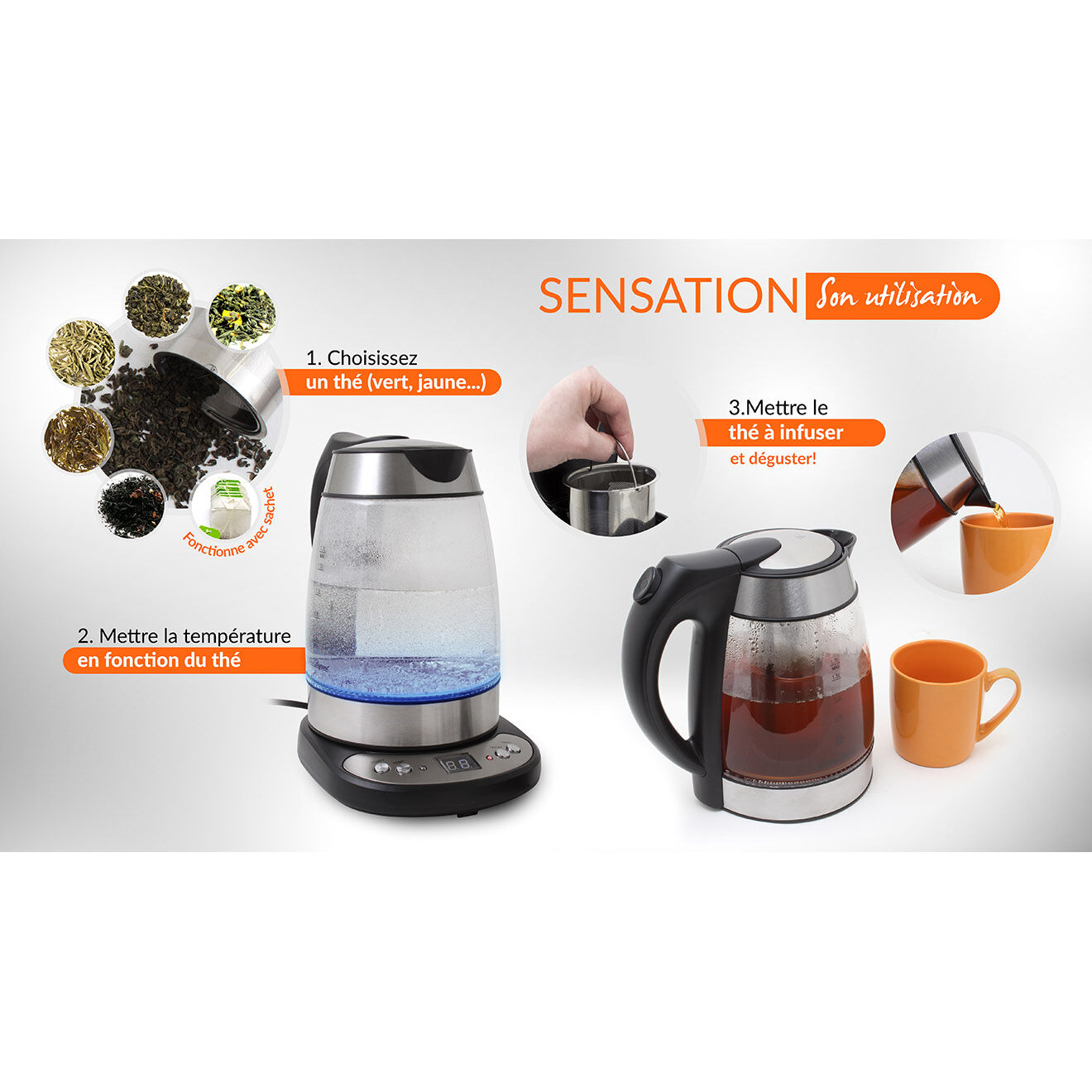 Kitchencook Bouilloire électrique en verre avec LED multicolore - 1.7 L